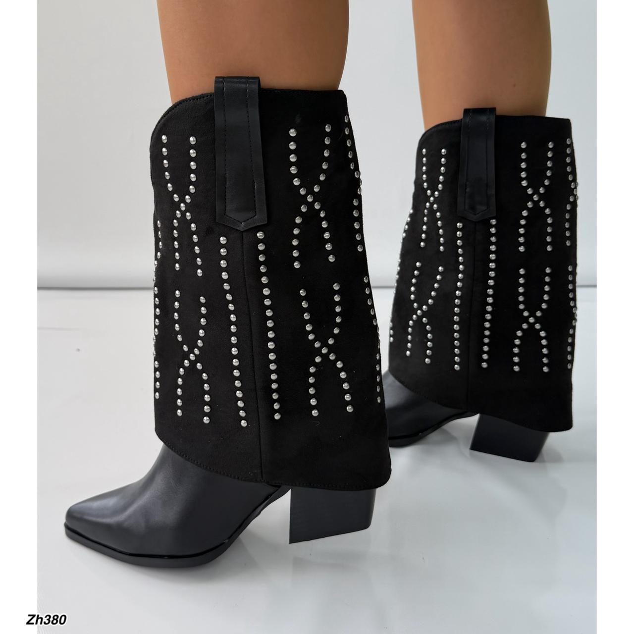 Bota texana negro doblez apliques plateado tacon 8cm  HX3108-C1297