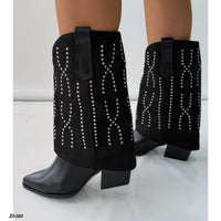 Bota texana negro doblez apliques plateado tacon 8cm  HX3108-C1297