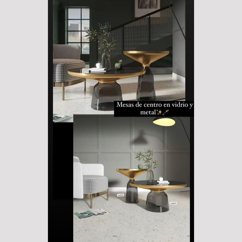 Mesa auxiliar vidrio templado gris detalles dorados  75cm* 36cm