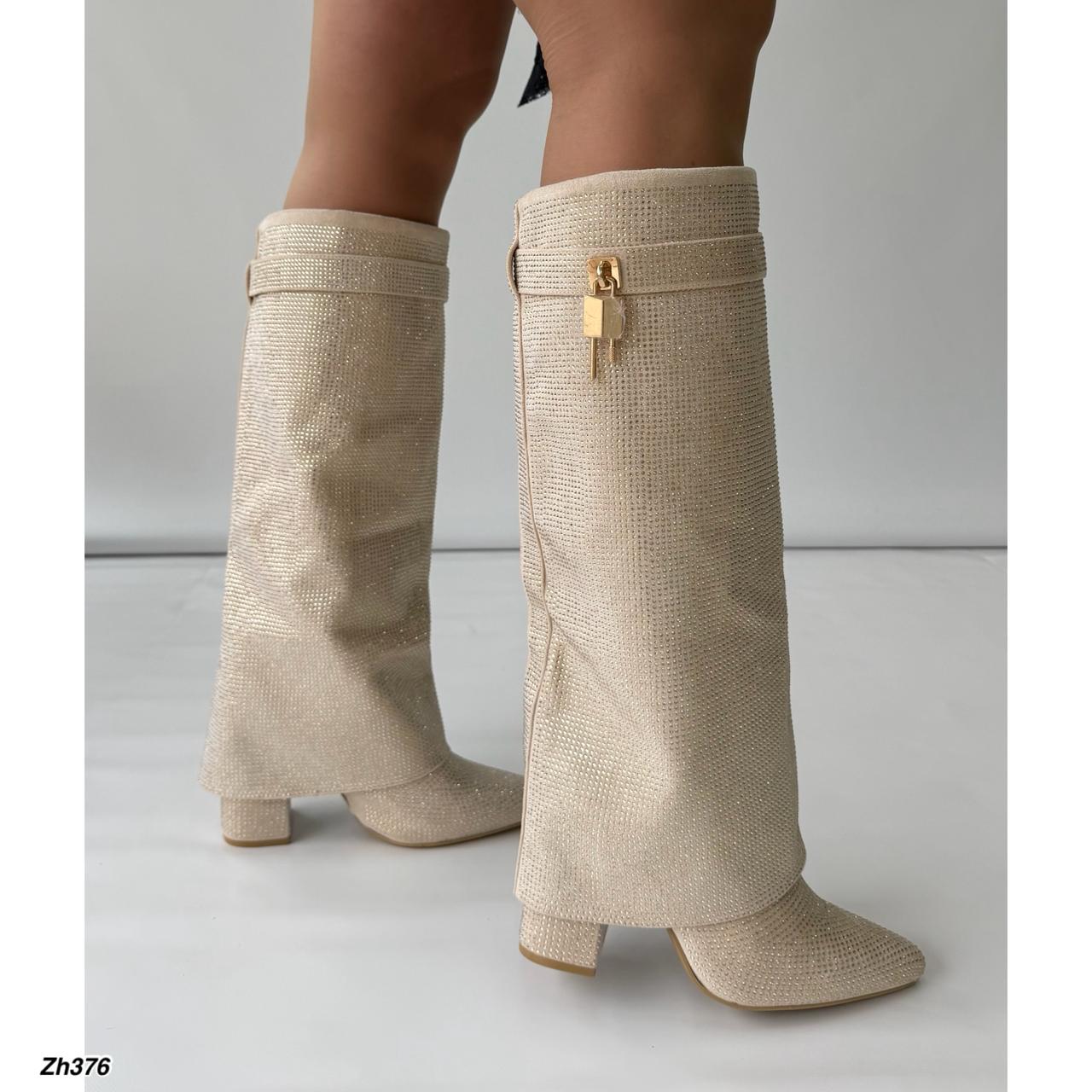 Bota caña alta beige doblez apliques brillantes tacon 10cm  G719  C-131