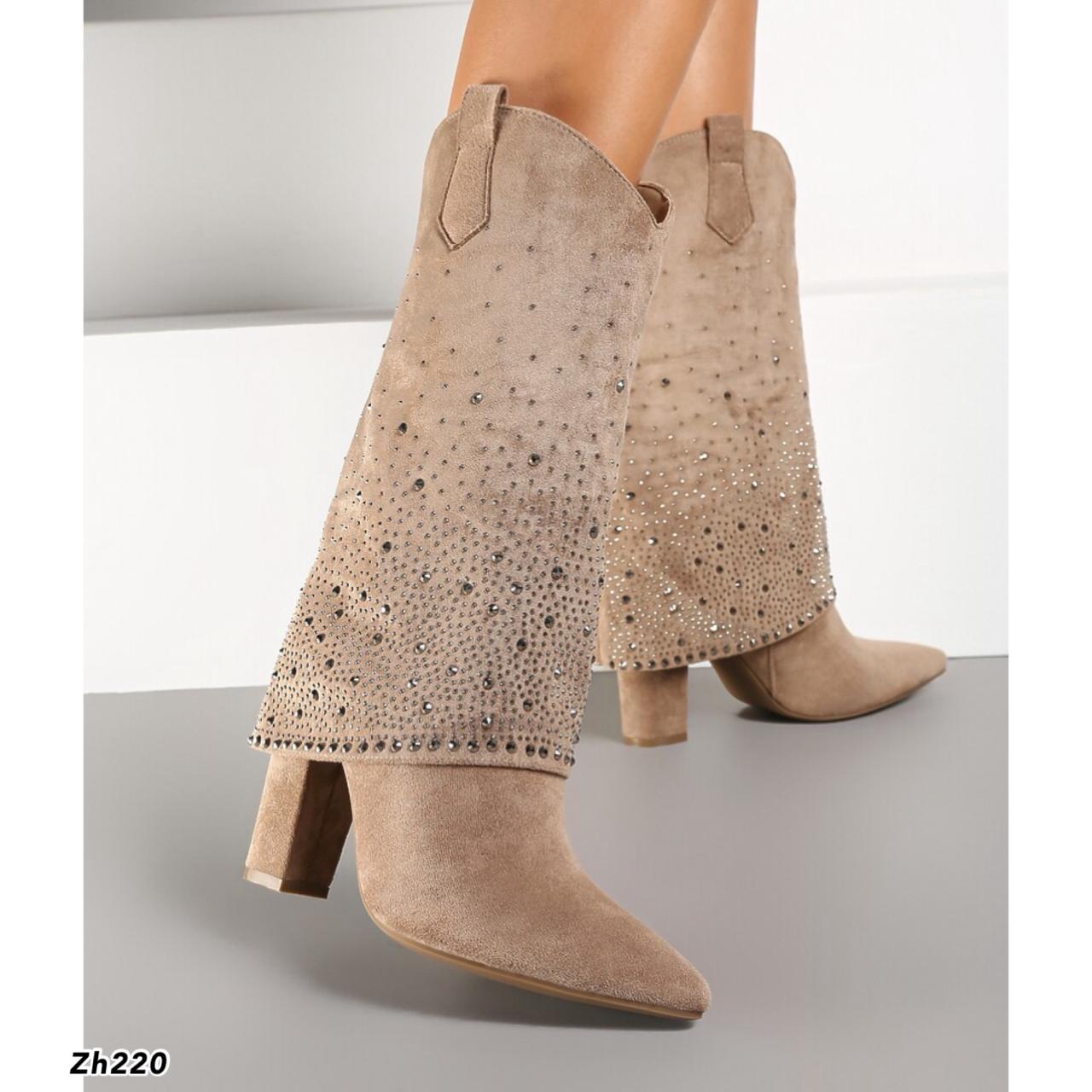 Bota beige doblez apliques brillantes tacon 10cm  MS1569  C-92