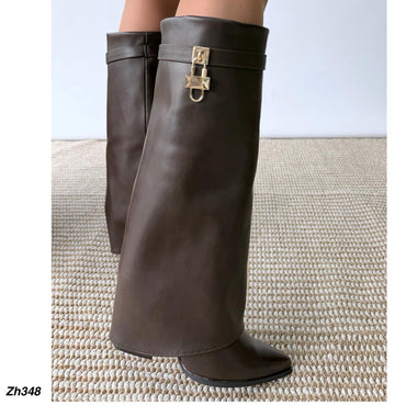 Bota texana café doblez detalle dorado tacon 9cm  A9532  C-121