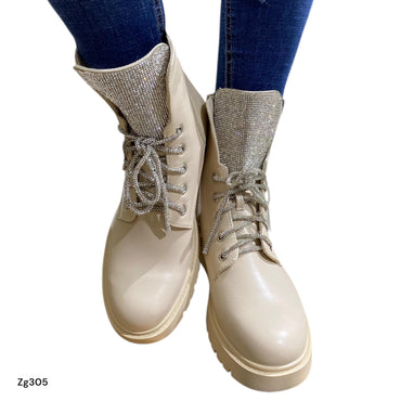 Botin beige detalle cordones plateado brillantes  suela 4cm  9510A  C-36
