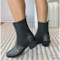 Botin texano negro resorte apliques plateado tacon 6cm  255-079