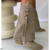 Bota texana beige doblez detalle malla apliques plateado tacon 7cm   G715  C-141