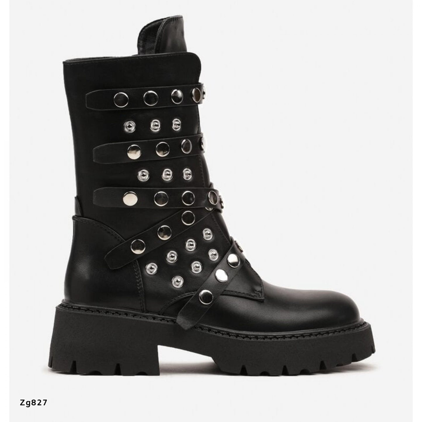 Bota negro apliques plateado correas suela 4cm   151KSL  C-1