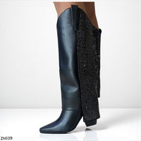 Bota texana negro doblez apliques brillantes tacon 10cm  255-100
