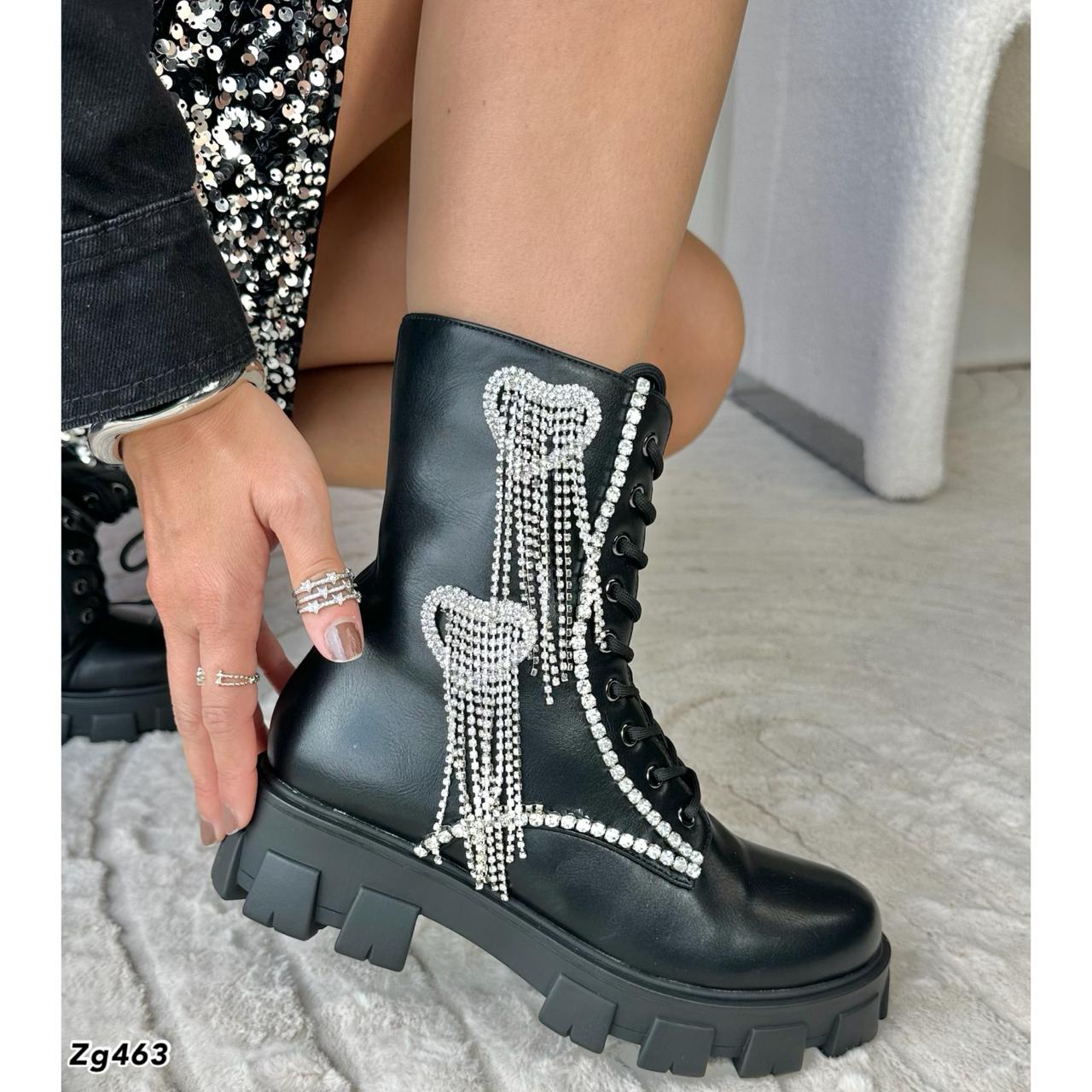 Botin negro apliques plateados brillantes suela 4cm  BT08#  C-1