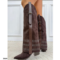Bota texana café doblez apliques plateado tacon 8cm   HX3198-B0204