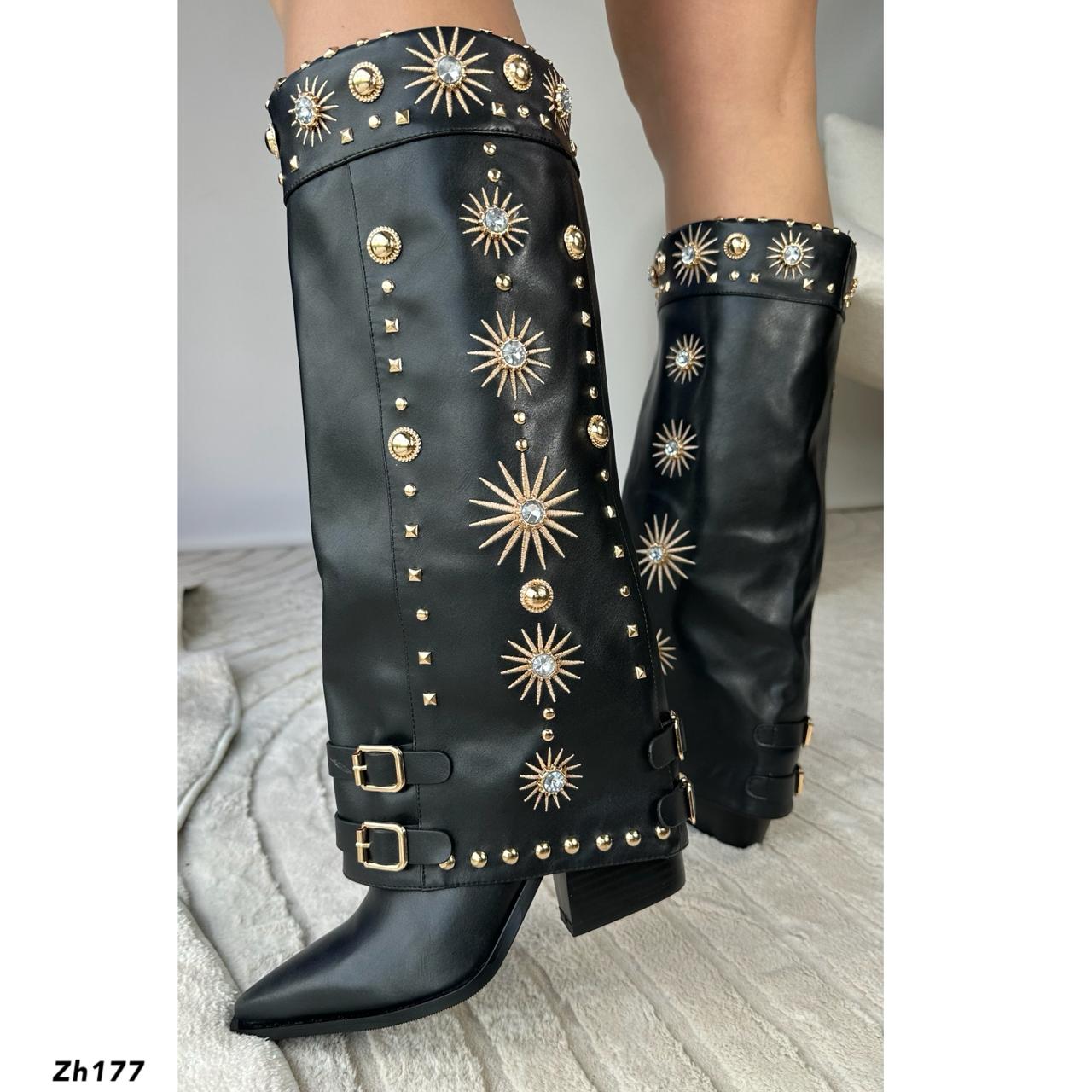 Bota texana negro doblez apliques dorado brillante tacon 8cm  255-117