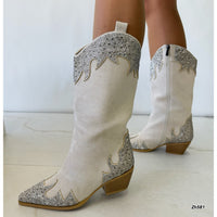 Bota texana beige apliques plateado brillante tacon 6cm  HX3325-C1794