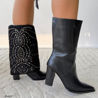 Bota texana negro doblez apliques plateado tacon 9cm  HX3077-C1381