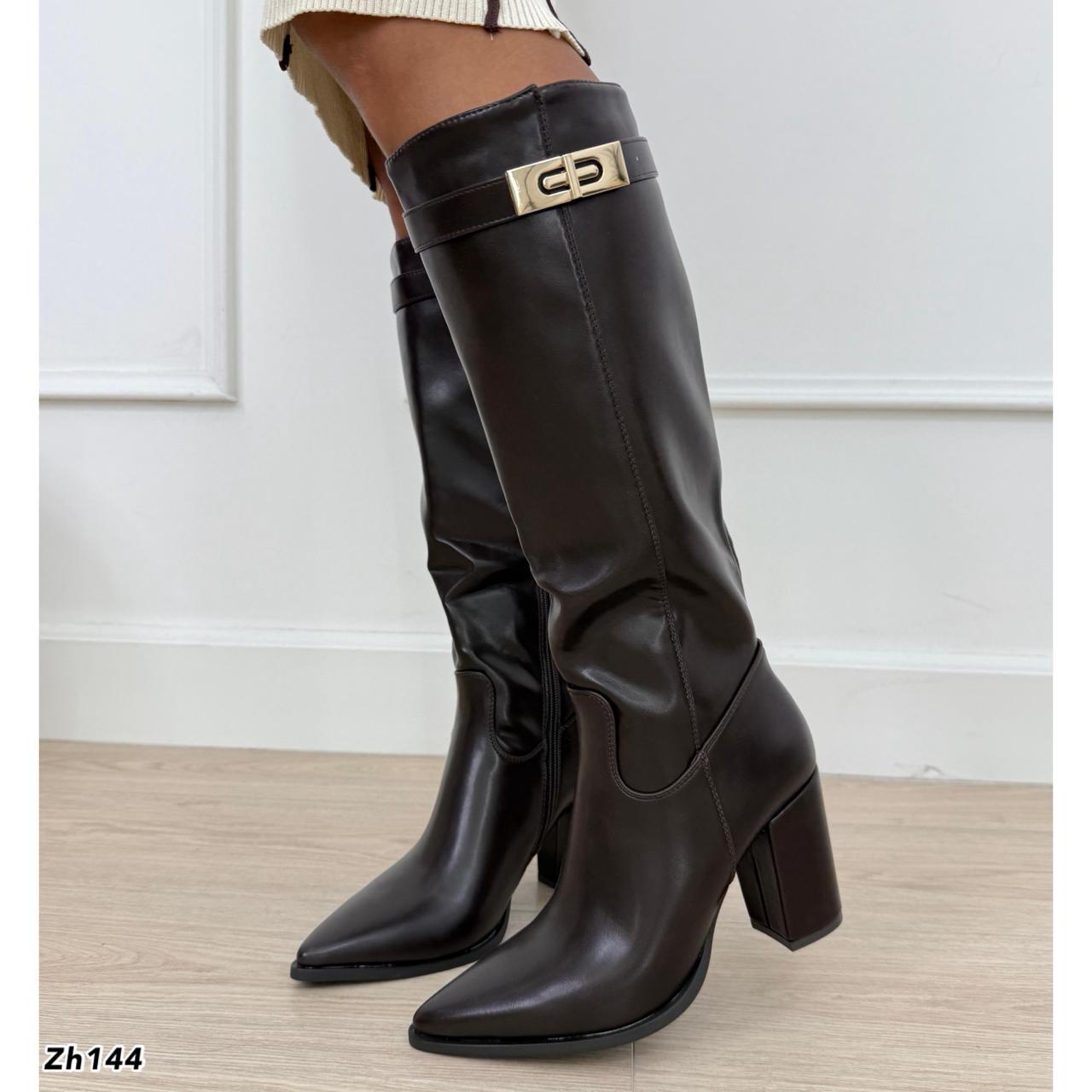 Bota caña alta café detalle dorado tacon 9cm  CHC501  C-68