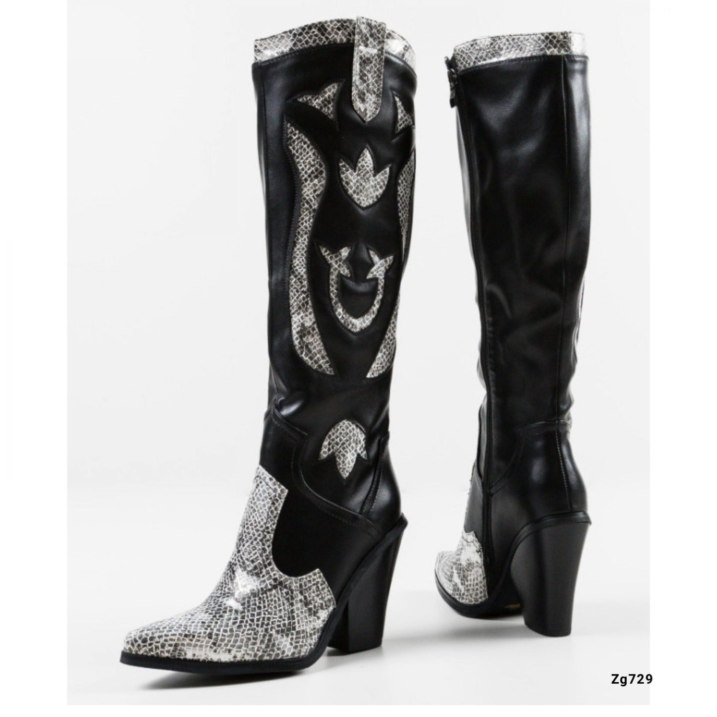 Bota texana negro detalle textura plateado tacon 10cm  B9032  C-74