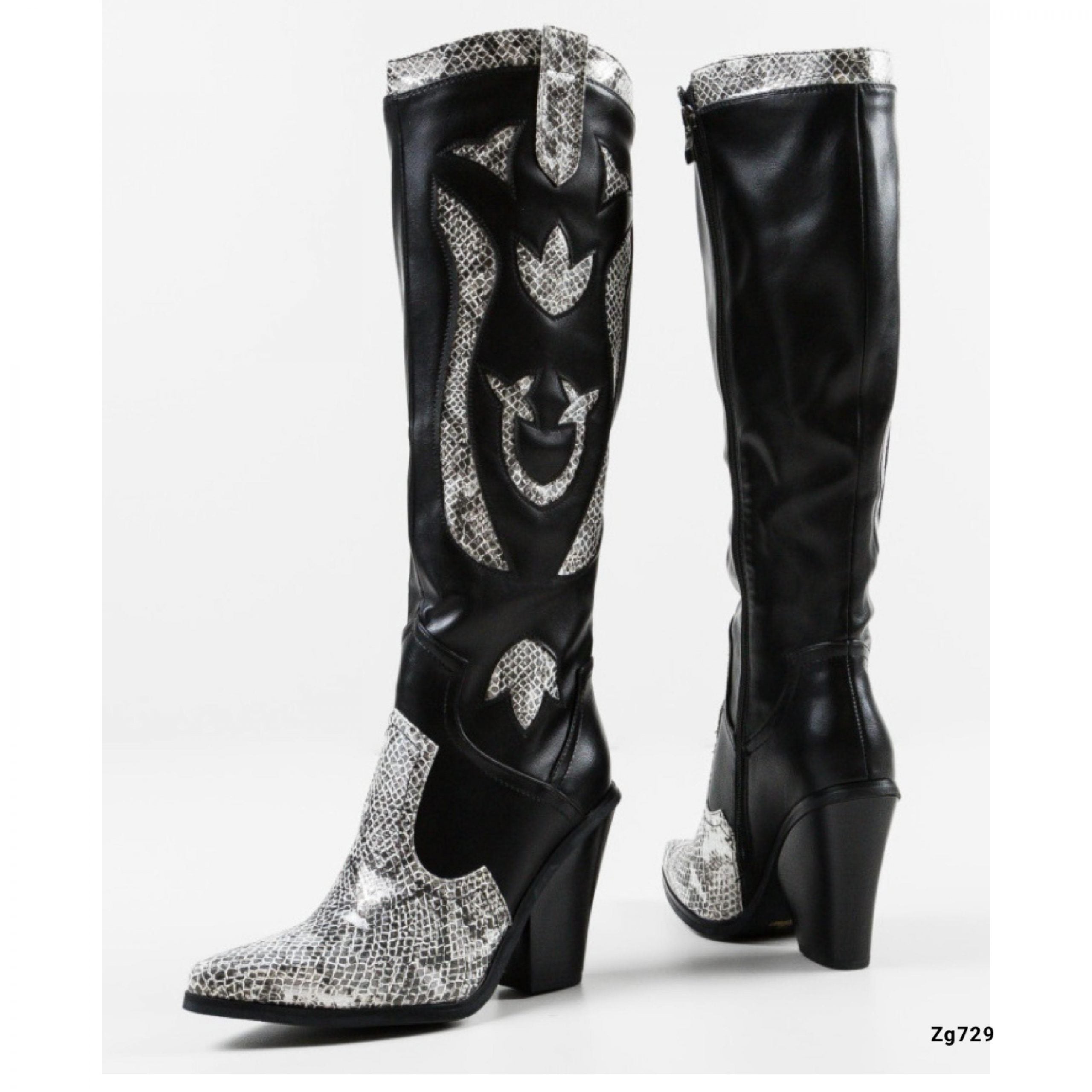 Bota texana negro detalle textura plateado tacon 10cm  B9032  C-74