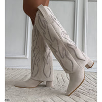 Bota caña alta beige doblez apliques plateado tacon 7cm   HX3360-C1783