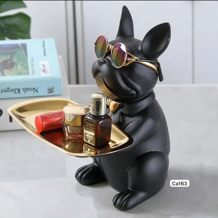 Articulo decorativo perro sentado negro bandeja en las manos 24cm* 19cm* 20cm