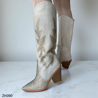 Bota texana beige apliques dorado brillantes tacon 9cm  255-115