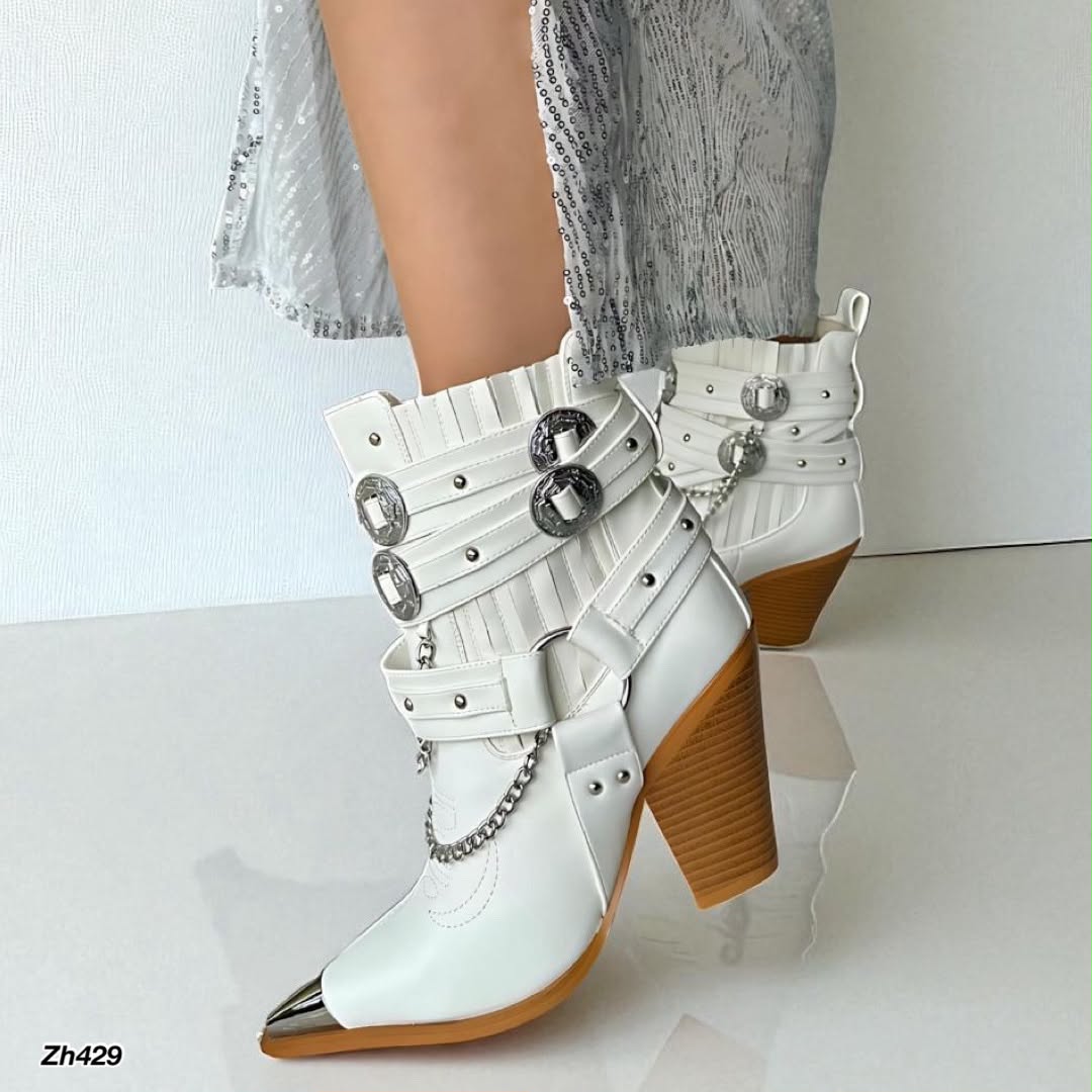 Botin texano blanco detalle correas y cadena plateado tacon 11cm  HX3088-C1080