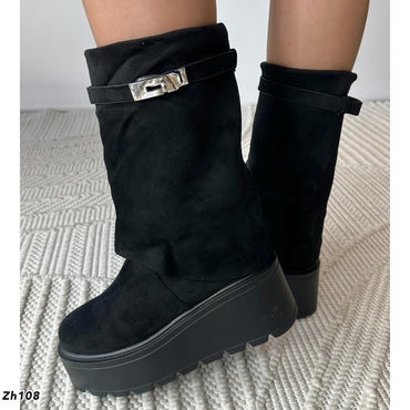 Botin negro doblez detalle plateado plataforma 7cm  255-106