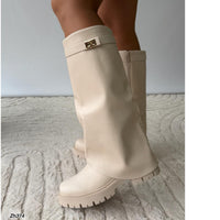 Bota caña alta beige doblez detalle dorado suela 4cm  SM576  C-129