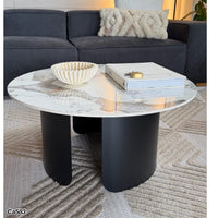 Mesa de centro piedra blanco con betas base metal negro    80cm* 40cm