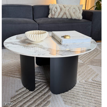 Mesa de centro piedra blanco con betas base metal negro    80cm* 40cm