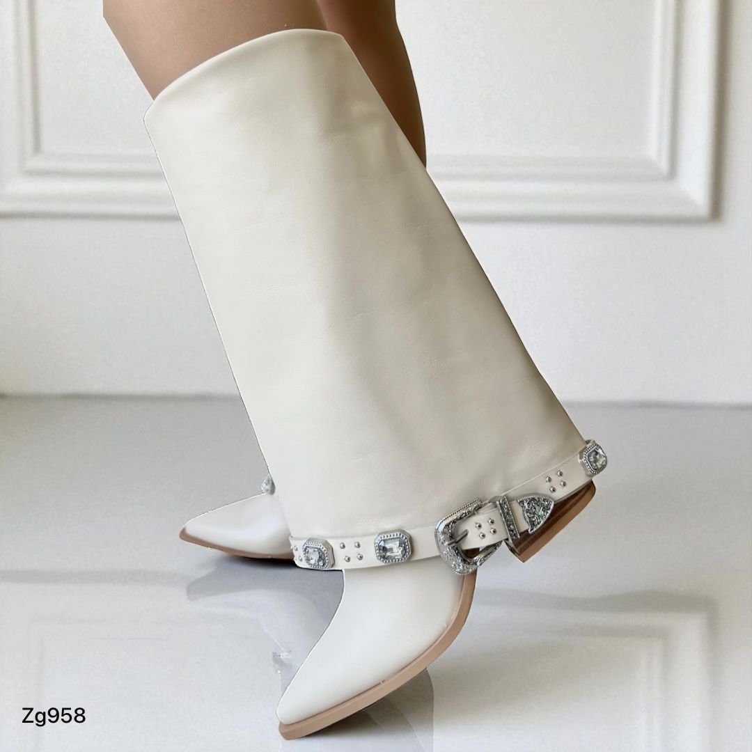 Bota texana beige doblez correa plateado tacon 8cm     255-015