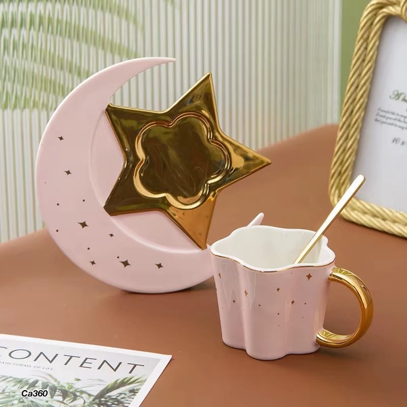 Taza plato luna rosado detalles dorado 120ml