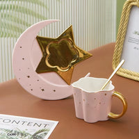 Taza plato luna rosado detalles dorado 120ml