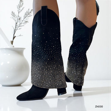 Bota caña alta negro doblez apliques plateado brillantes tacon 10cm  255-030