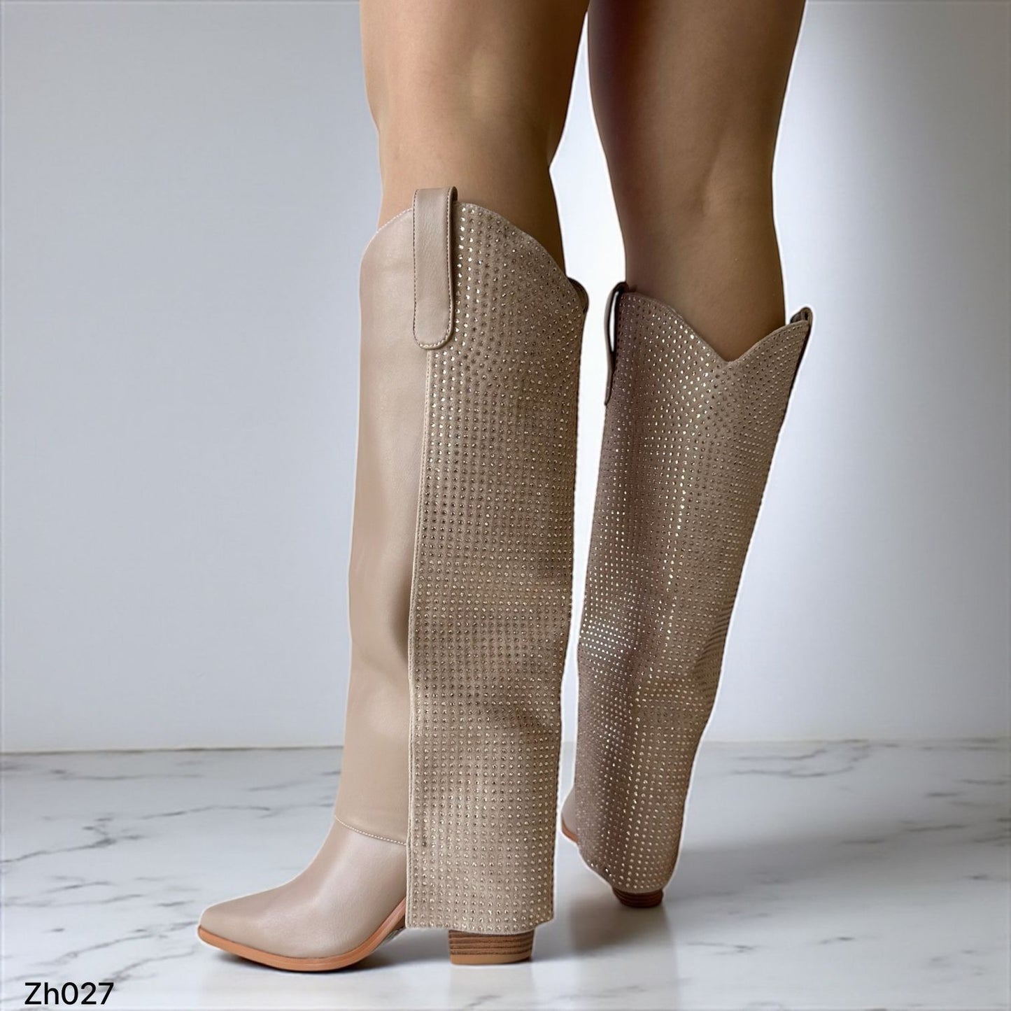 Bota texana beige doblez apliques brillantes palo rosa tacon 10cm  255-100