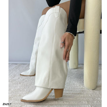 Bota texana blanco doblez punta plateado tacon 10cm   255-087