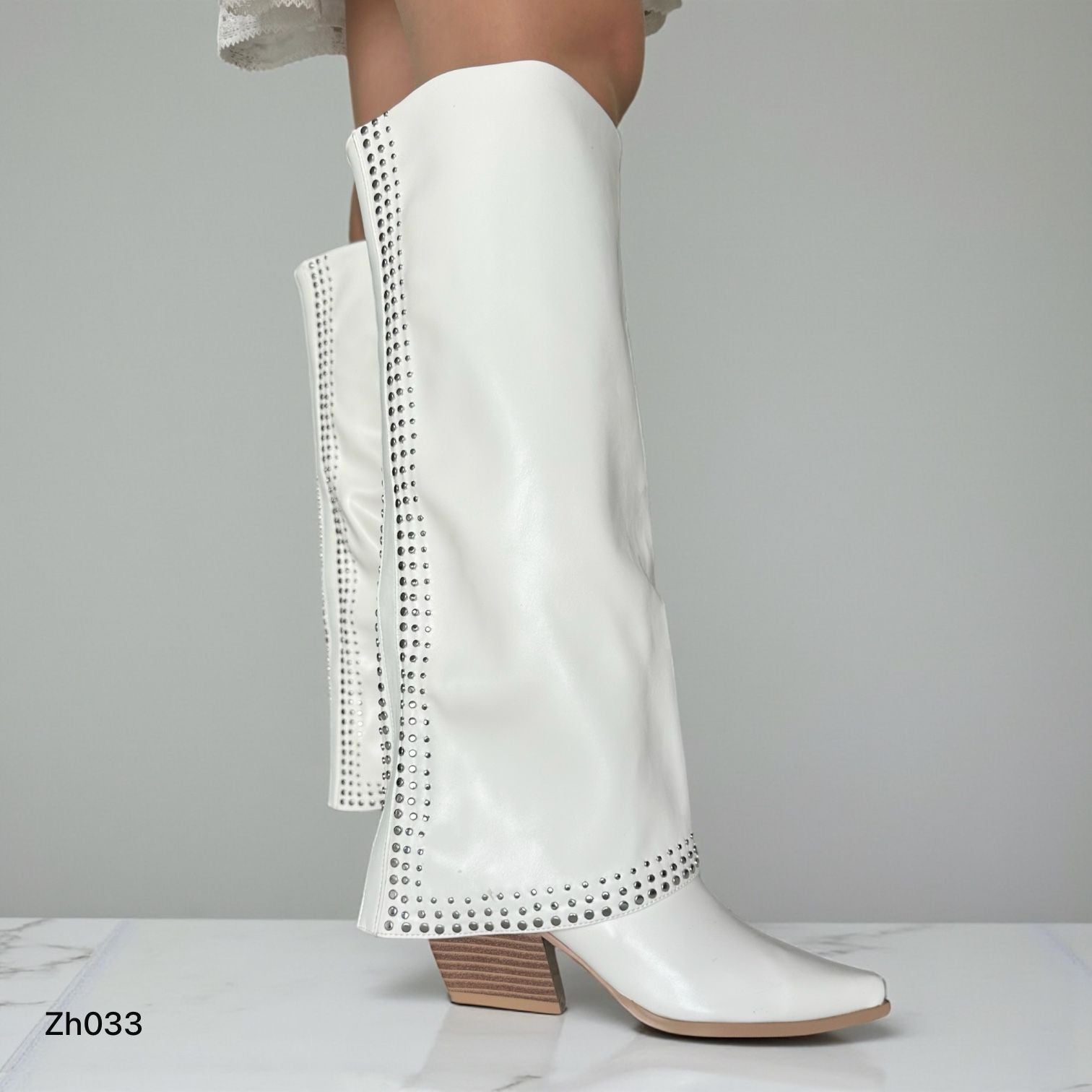 Bota texana blanco doblez apliques plateado tacon 7cm  255-024