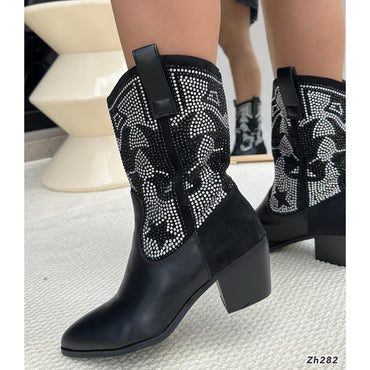 Botin texano negro apliques brillante tacon 7cm  255-084