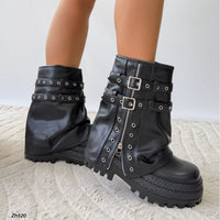 Bota negro doblez detalle correa y cierre plateado suela 8cm  HX3231-B9727