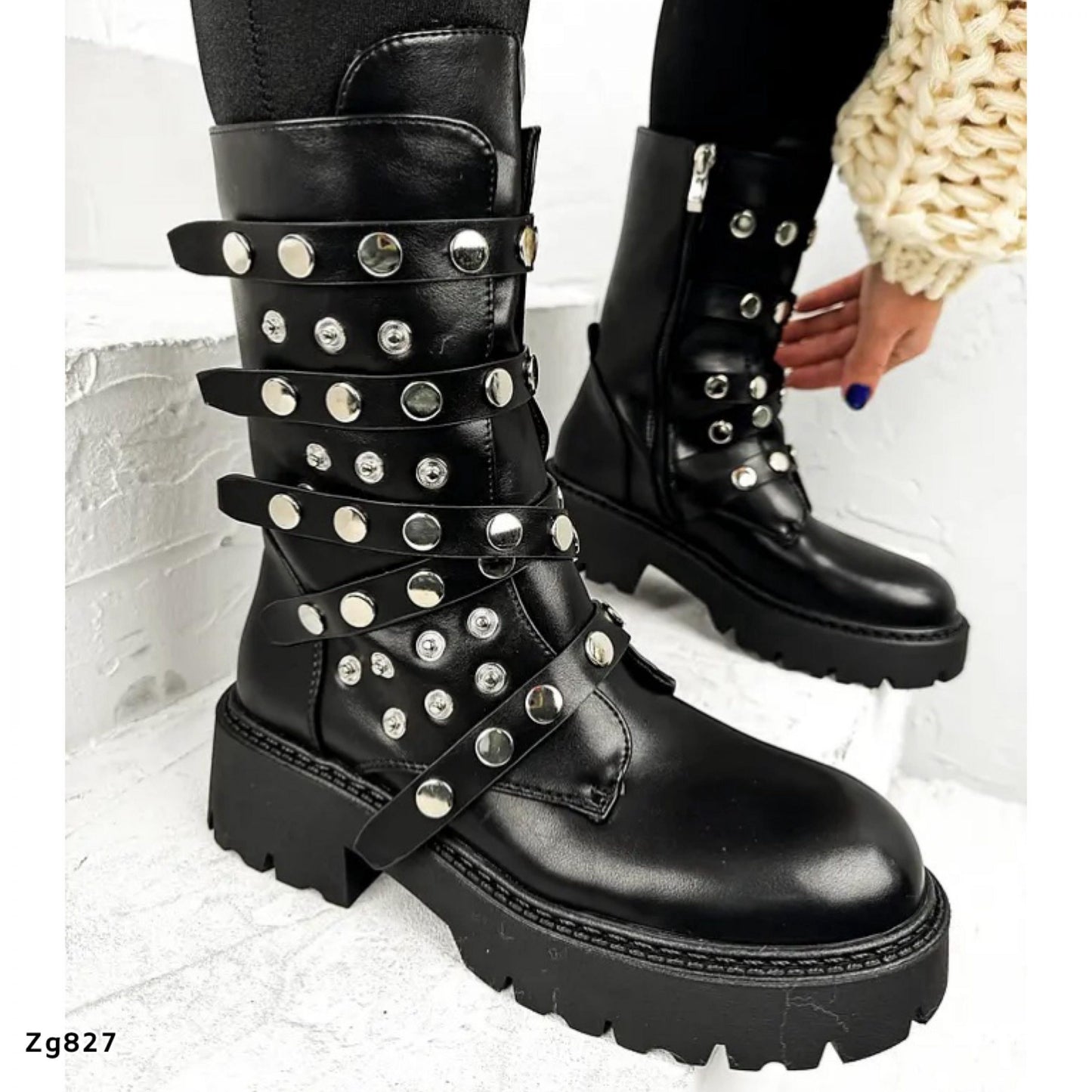Bota negro apliques plateado correas suela 4cm   151KSL  C-1