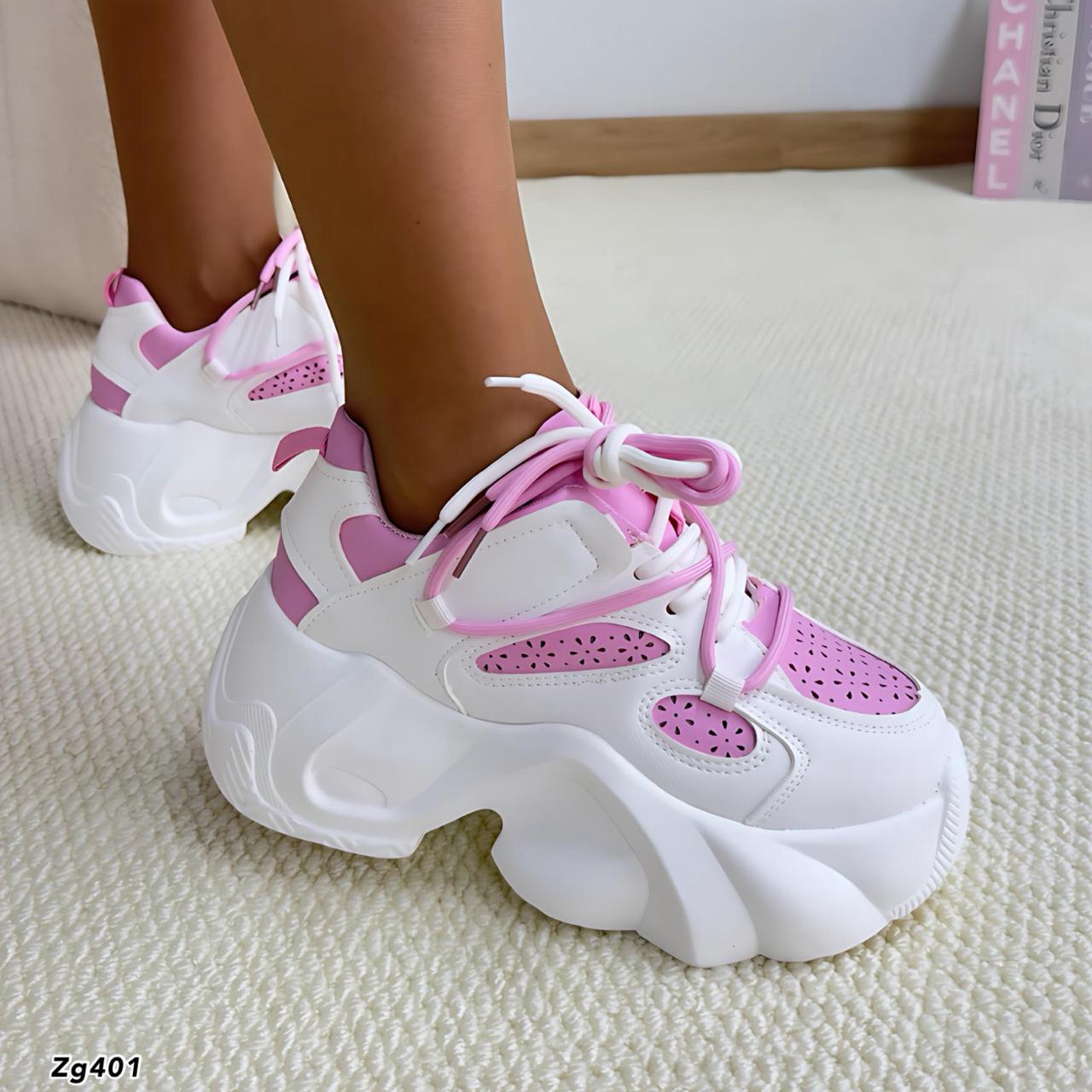 Tenis blanco detalles rosado plataforma 6cm 6908  C-2