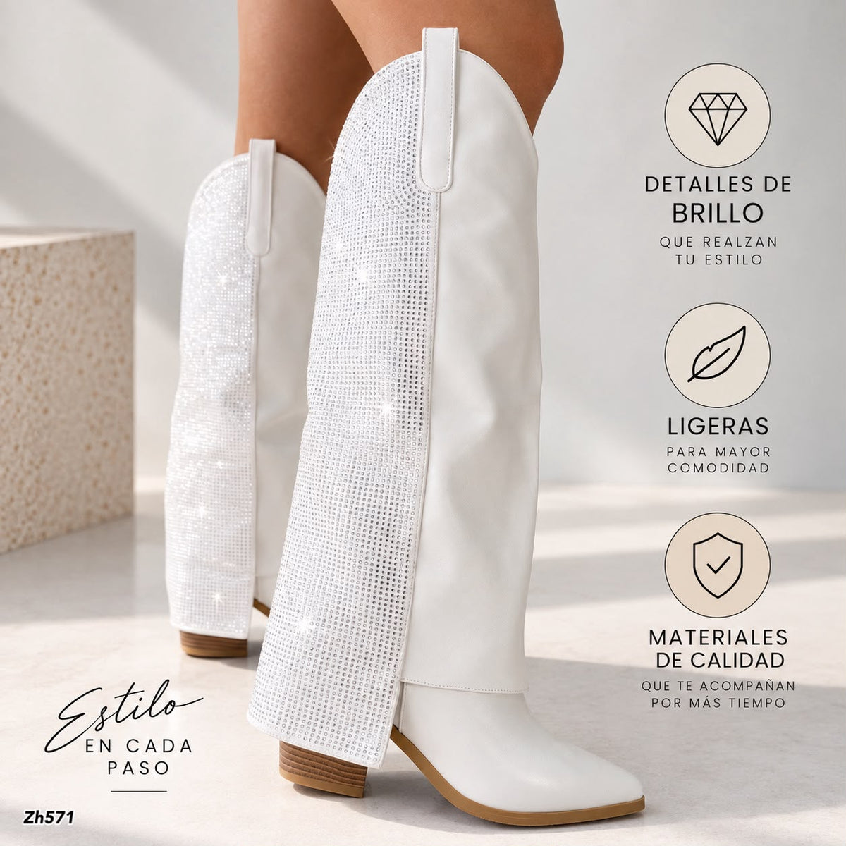 Bota texana blanco doblez apliques brillante tacon 8cm   HX3191-B0060