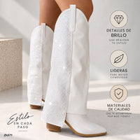 Bota texana blanco doblez apliques brillante tacon 8cm   HX3191-B0060