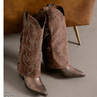 Bota texana café doblez apliques plateado detalle flecos tacon 7cm  M-830  C-81