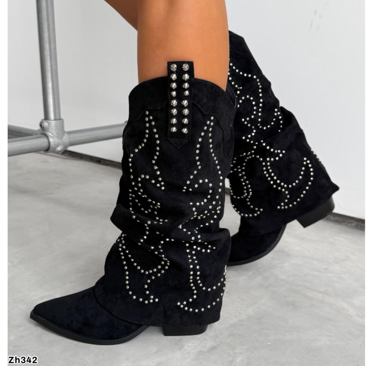 Bota texana negro doblez apliques plateado tacon 8cm  A9982  C-122