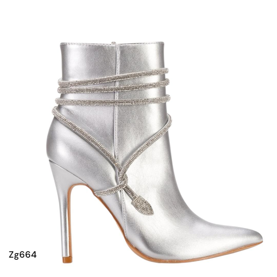 Botin plateado apliques brillantes cordon tacon puntilla 11cm  BKKX8279   C-60