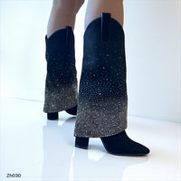 Bota caña alta negro doblez apliques plateado brillantes tacon 10cm  255-030