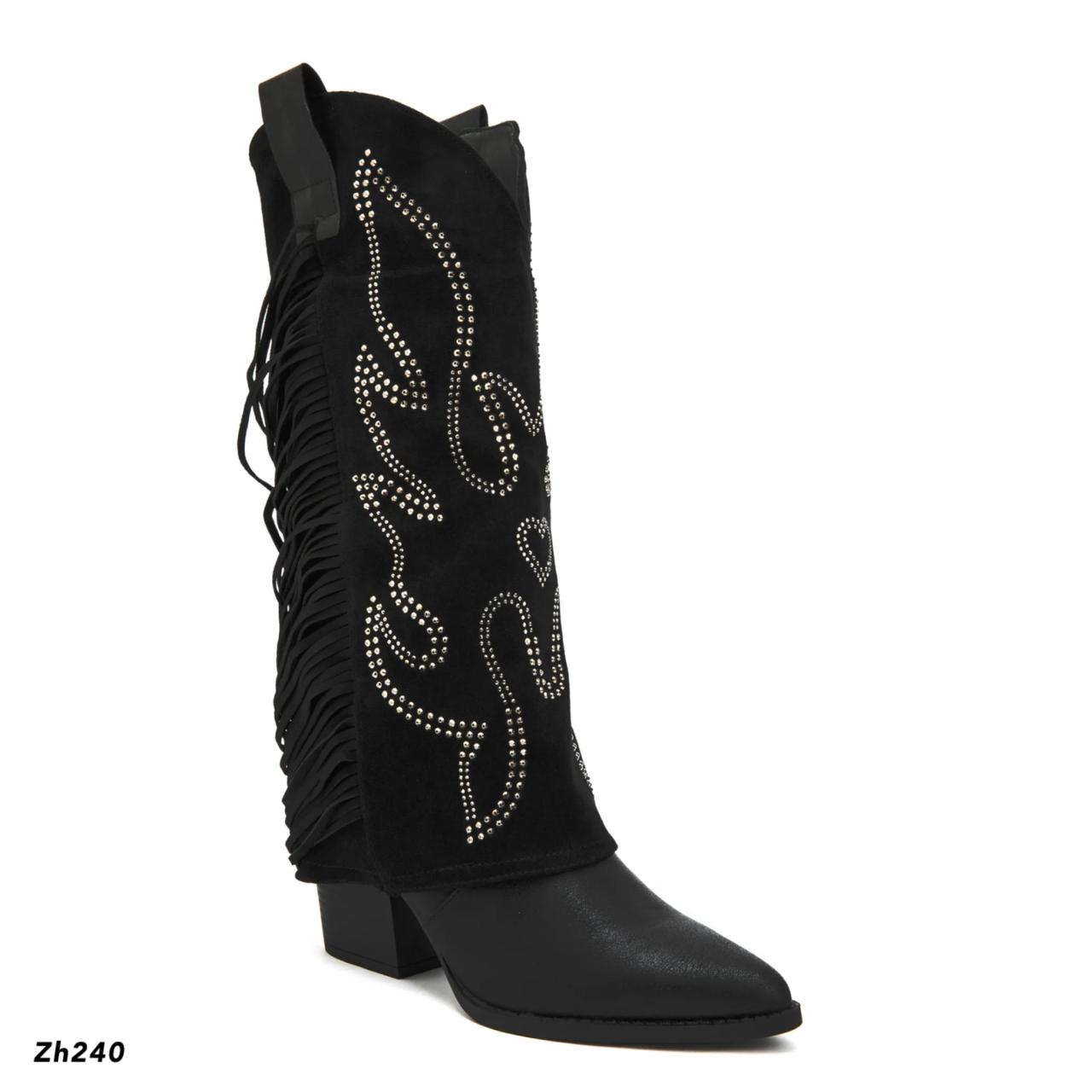 Bota texana negro doblez apliques plateado detalle flecos tacon 7cm  M-830  C-81