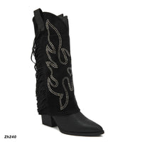 Bota texana negro doblez apliques plateado detalle flecos tacon 7cm  M-830  C-81