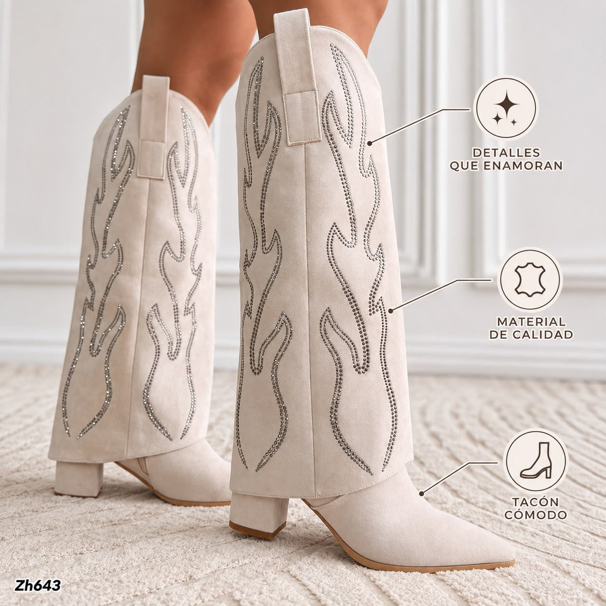 Bota caña alta beige doblez apliques plateado tacon 7cm   HX3360-C1783