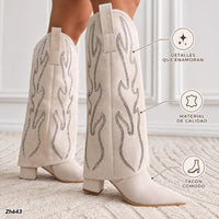 Bota caña alta beige doblez apliques plateado tacon 7cm   HX3360-C1783