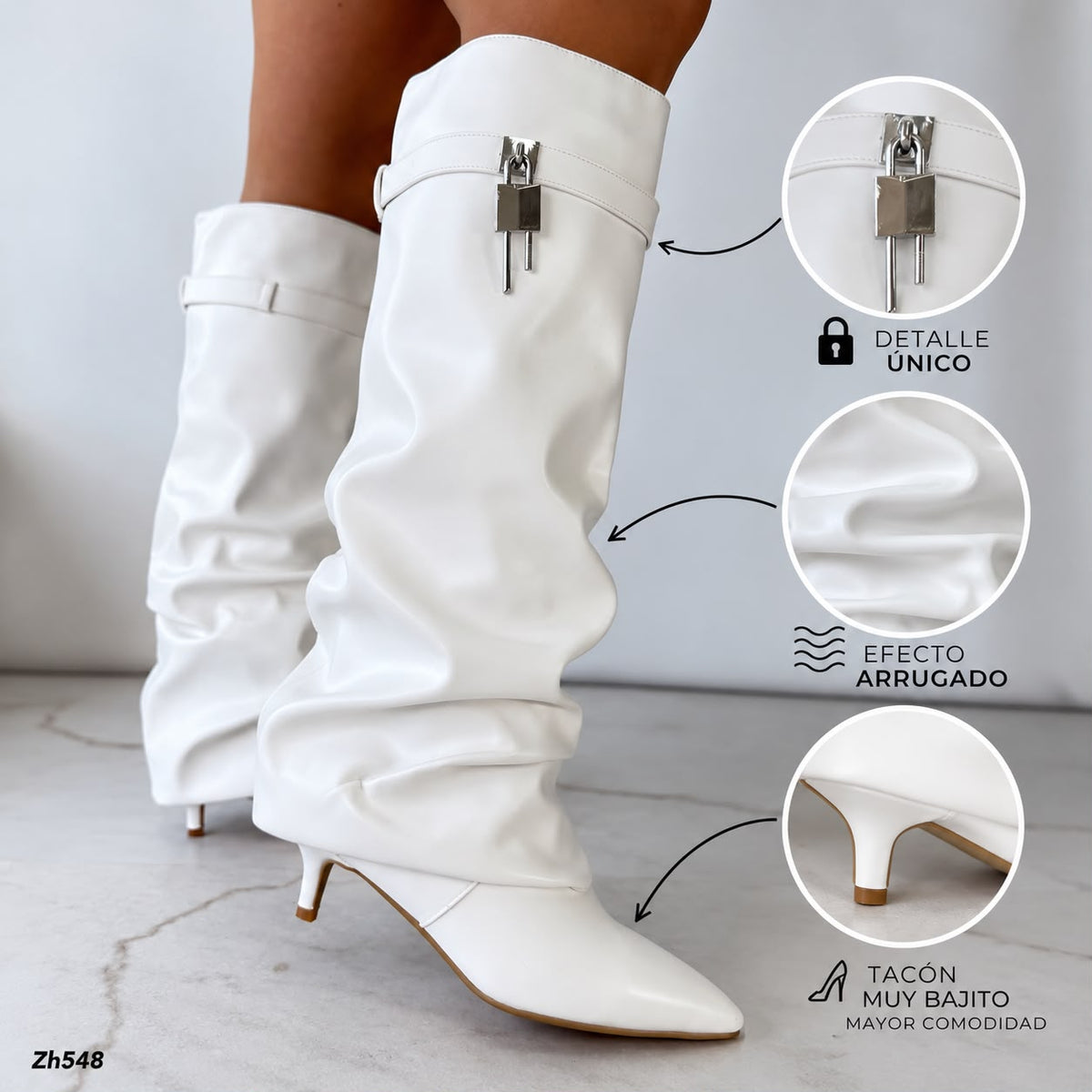 Bota caña alta blanco doblez detalle plateado tacon puntilla 6cm  HX3392-B0227