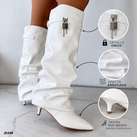 Bota caña alta blanco doblez detalle plateado tacon puntilla 6cm  HX3392-B0227